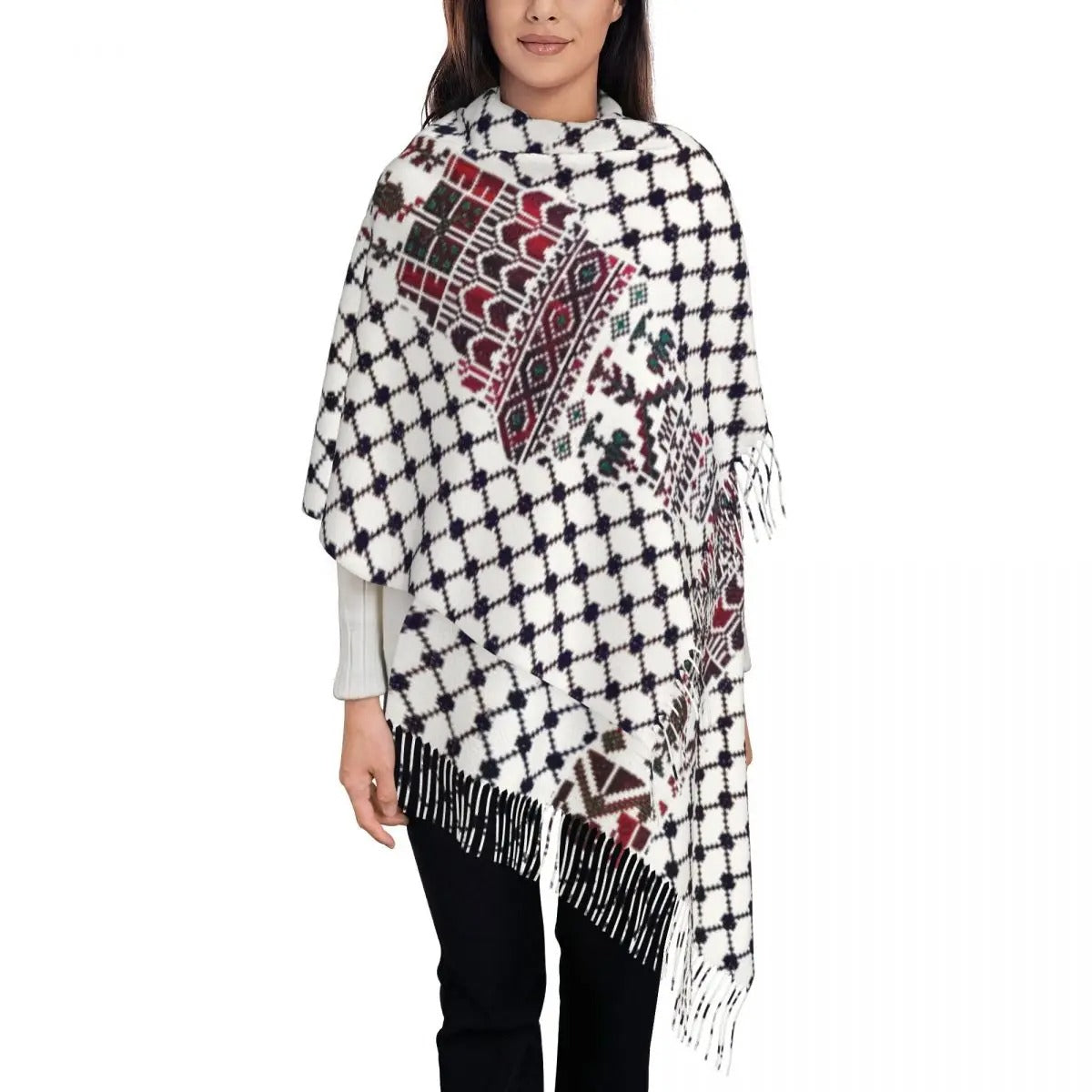 Style 1 / 28 x 78 Inches (72 x 200 cm) Tatreez Embroidery Kuffiya Shawl Wrap | Project Palestine