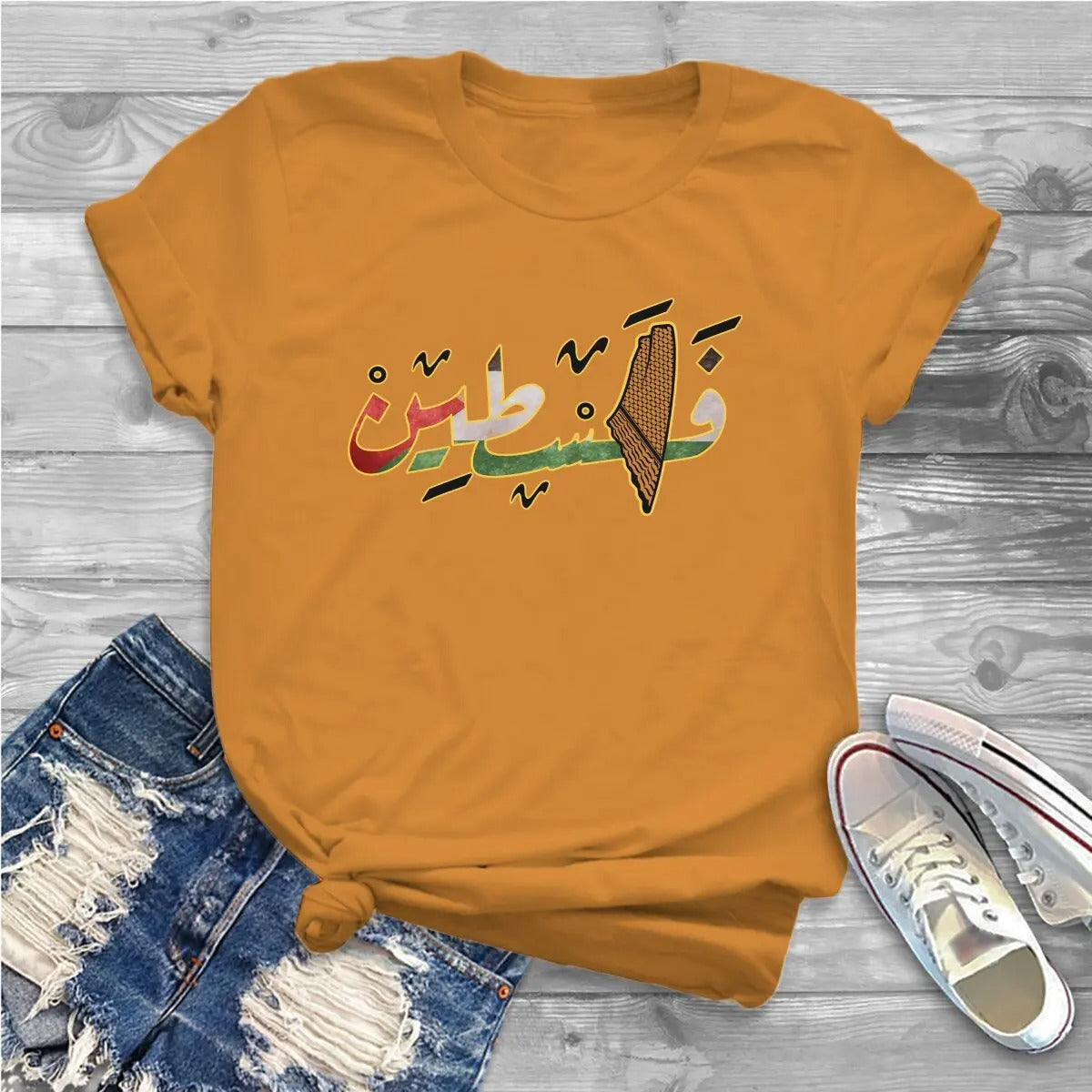 Light Orange / XS Colored Arabic Palestine with Geography Shirt | Project Palestine