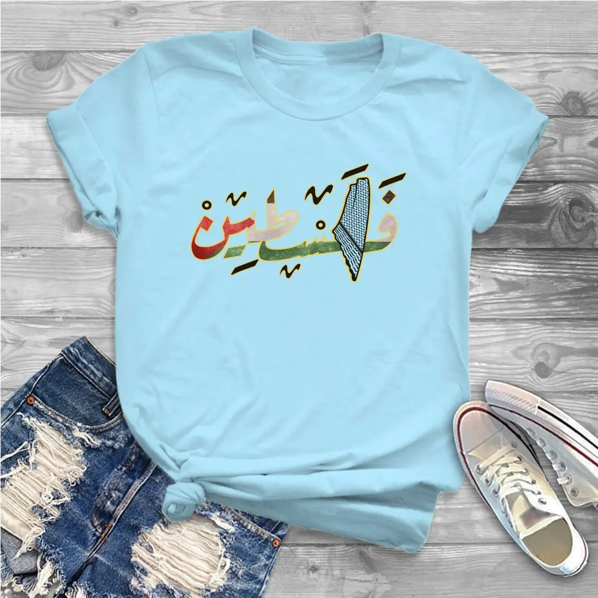 Haze Blue / XS Colored Arabic Palestine with Geography Shirt | Project Palestine