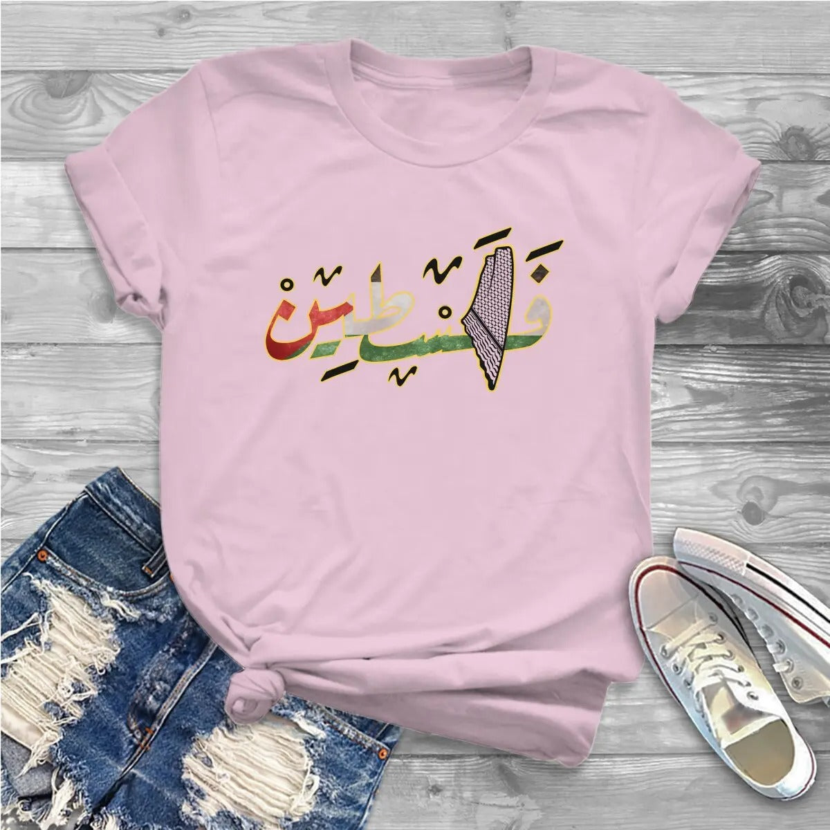 Light Pink / XS Colored Arabic Palestine with Geography Shirt | Project Palestine