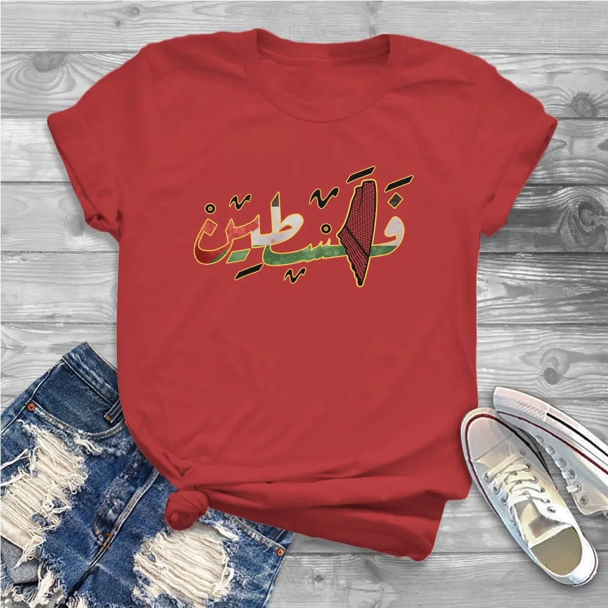 Red / XS Colored Arabic Palestine with Geography Shirt | Project Palestine